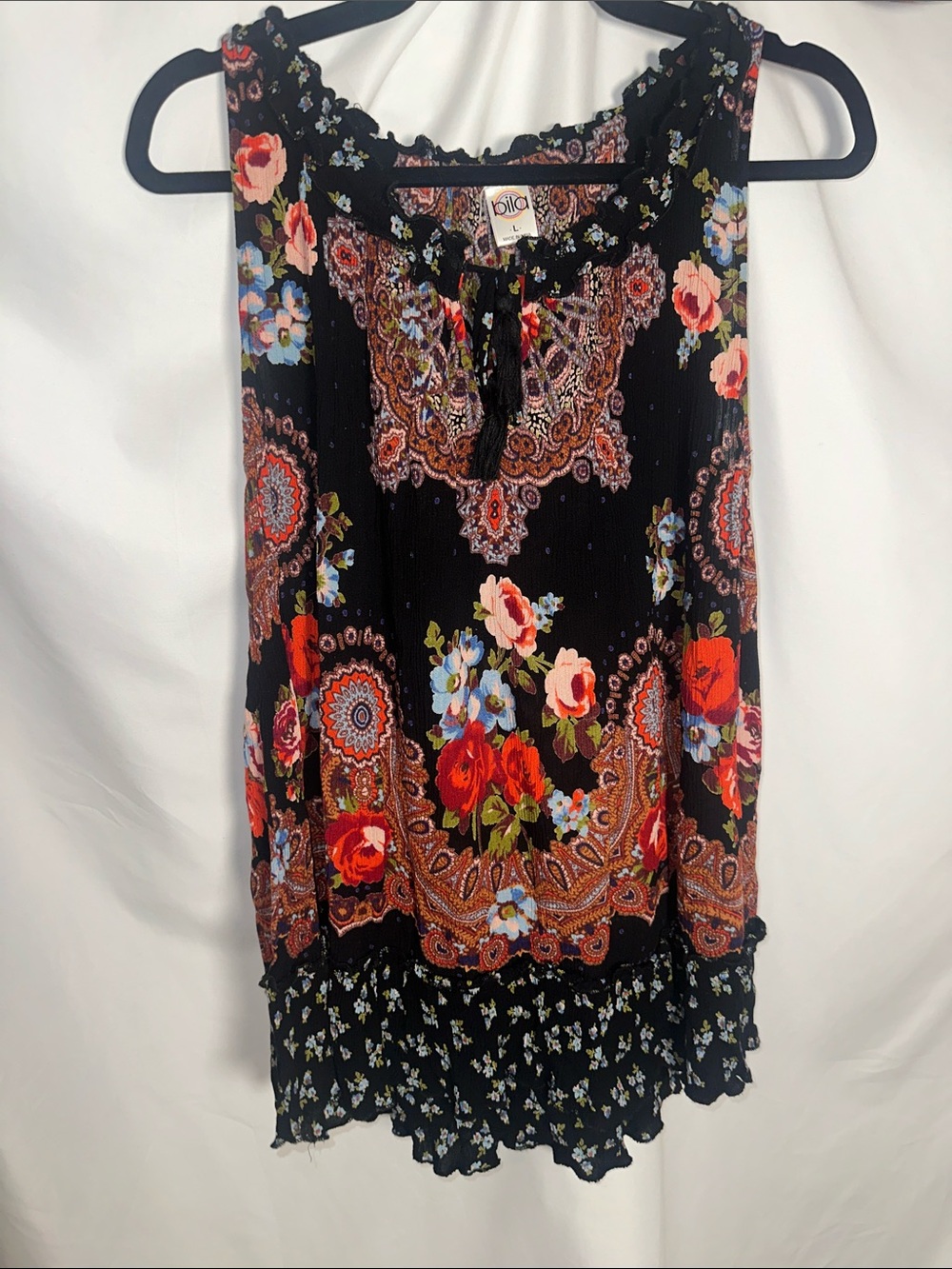 Bila Black tank with Red, Blue & Cream Floral Print
